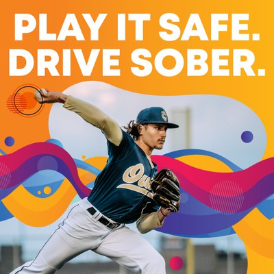 Northern Colorado Owlz player pitching baseball with colorful background. Graphic copy reads, "Play it safe. Drive sober."