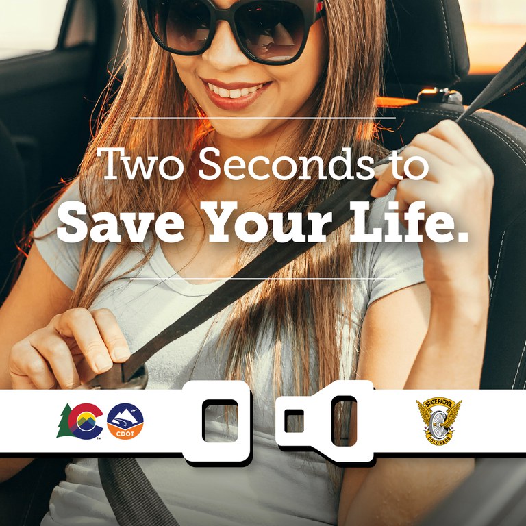 An image of a woman sitting in a car buckling her seat belt. Text on image reads: Two seconds to save your life.