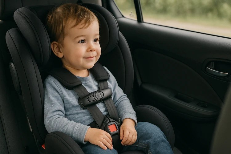 Most kids in fatal U.S. car crashes weren't properly restrained - Child in Carseat Child sitting in a black car seat.