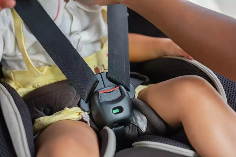 Young child buckled into a car seat.