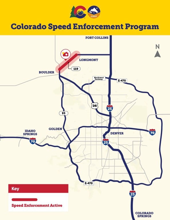 Map of Colorado highways. Colorado Highway 119, featured in the upper lefthand side of the graphic, is highlighted red as an indication of camera location. 