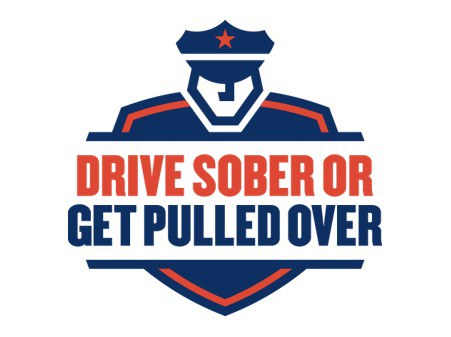 Blue and red logo with illustration of police officer and copy that reads "Drive sober or get pulled over."