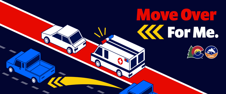 Move Over For Me web banner featuring a blue truck moving over for an emergency responder 
