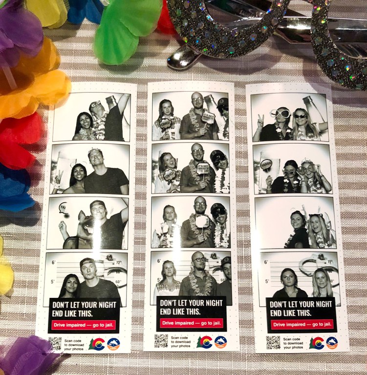 Photo booth photos of various people looking cheerful