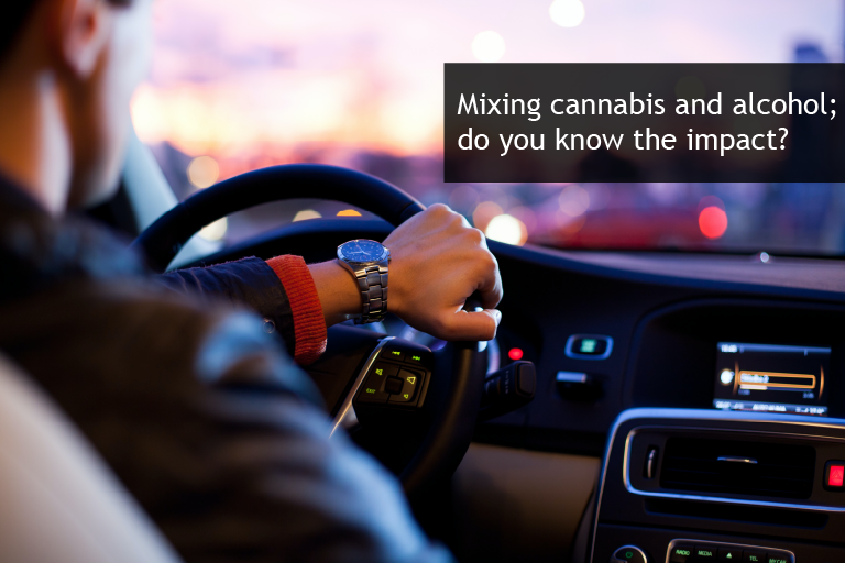 Man driving at night, text overlay reads "Mixing cannabis and alcohol, do you know the impact?"