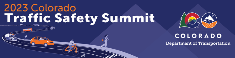 Banner graphic for the 2023 Colorado Traffic Safety Summit, showing cars driving through artistic mountain scene