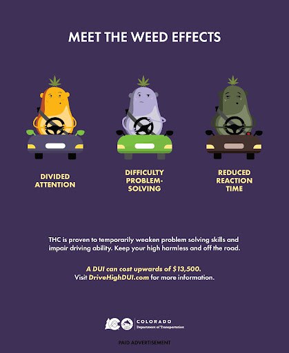 Image of three different characters portraying the different effects of cannabis. Text Overlay Reads: Meet the Weed Effects  Divided Attention  Difficulty Problem-Solving Reduced Reaction Time  THC is proven to temporarily weaken problem solving skills and impair driving ability. Keep your high harmless and off the road.  A DUI can cost upwards of $13,500. Visit DriveHighDUI.com for more information.