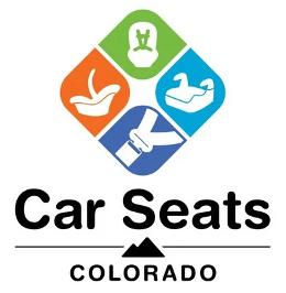 Car Seats Colorado logo that includes images of a rear-facing car seat, forward-facing car seat, booster seat and seat belt.