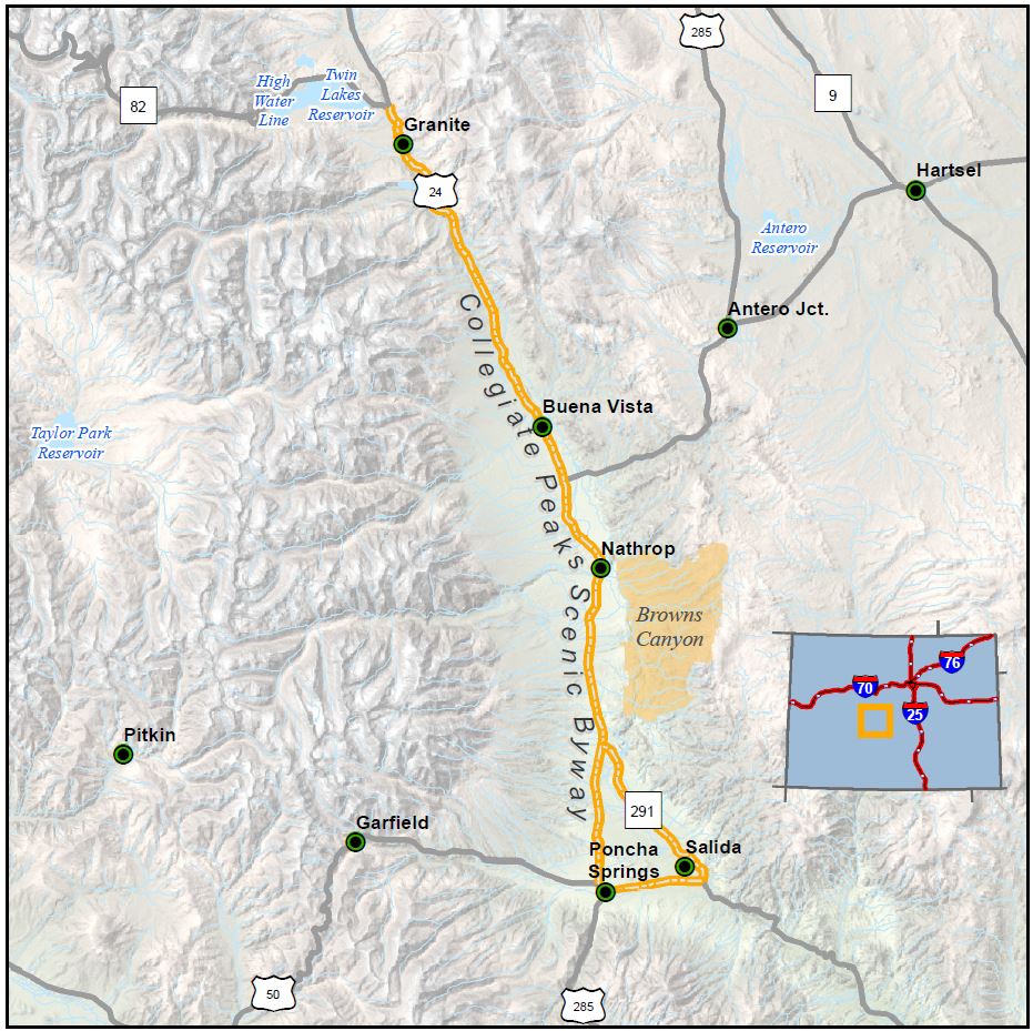 Collegiate Peaks Scenic Byway map