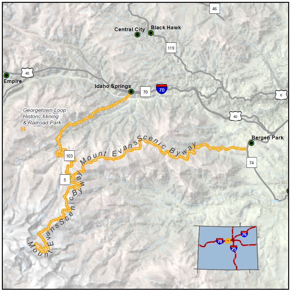 Mount Evans Scenic Byway map detail image