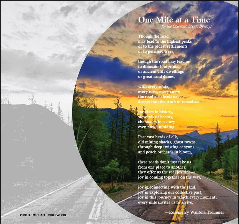 One Mile at a Time poem over a scenic sunset and roadway