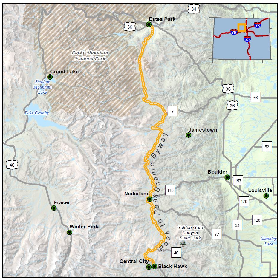 Peak to Peak Scenic Byway map