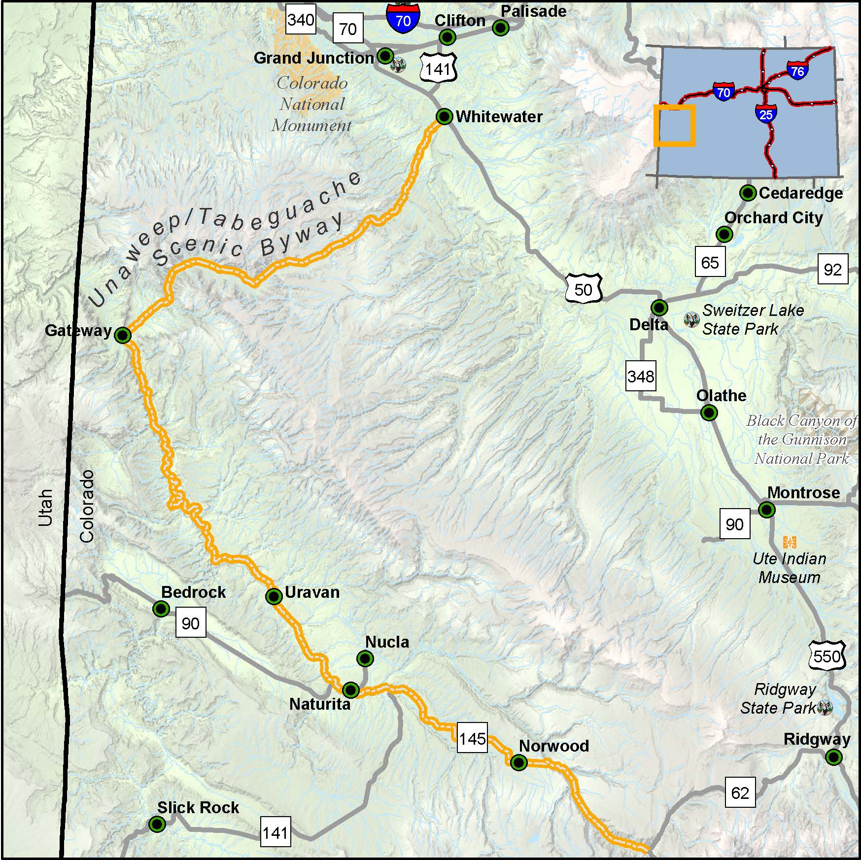Unaweep Tabeguache Scenic Byway map detail image