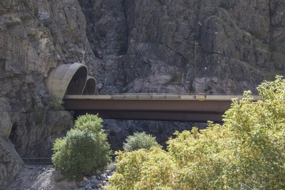 Hanging Lake Tunnel view from underneath the road looking at the eastbound tunnel entrance