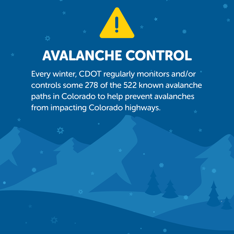 Road Closed. When there is a high risk of avalanche danger, CDOT will close highways at the location of the avalanche path in order to conduct avalanche control. Snow flakes. Red caution logo.